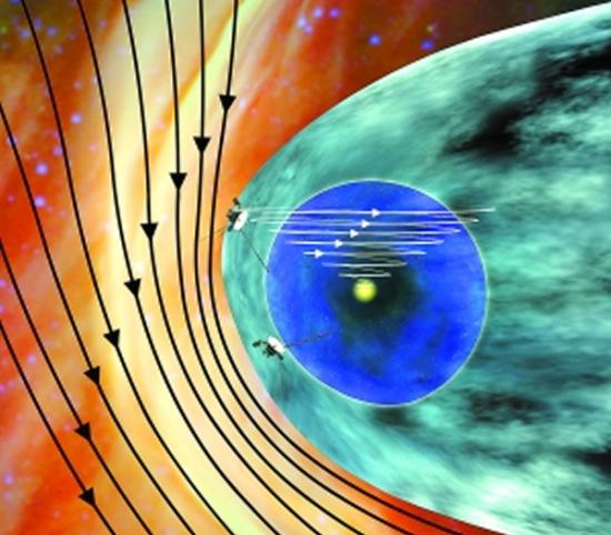 “旅行者”1号已进入太阳的磁场（白线）和星际磁场（黑线）的交界区。